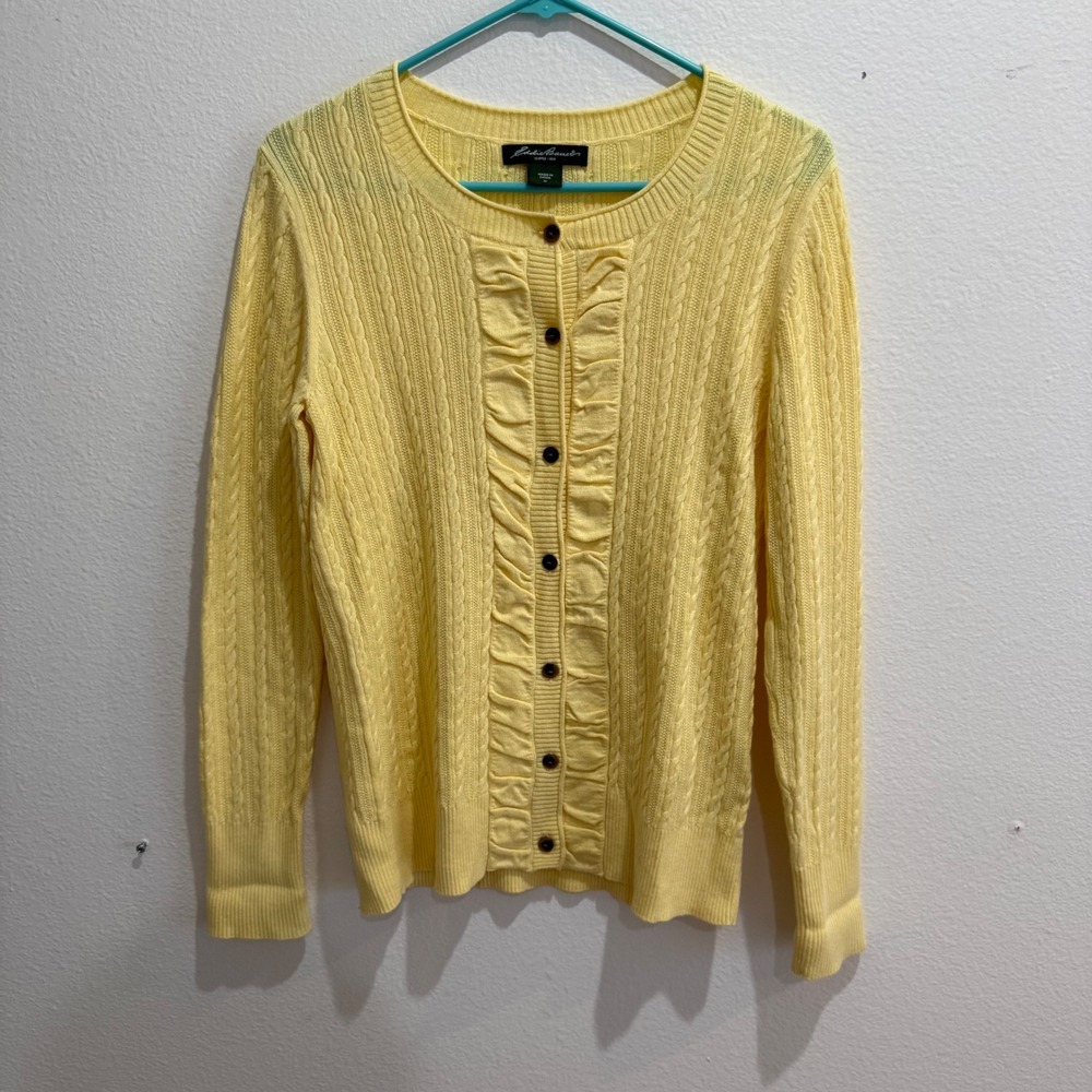 Eddie Bauer Yellow Cable Knit Ruffle Button Front Cardigan Sweater Womens Medium